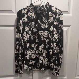 Sanctuary Black Floral Ruffle-Neck Long Sleeve Blouse